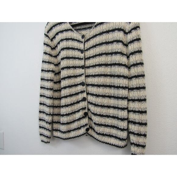 Reba Rose Medium Vintage 1990s Knitted Striped Cardigan Sweater Cotton Neutrals - Picture 5 of 6